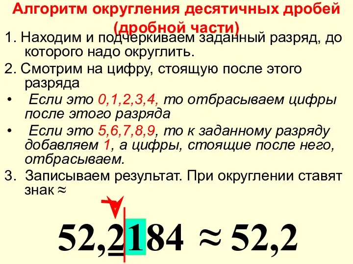 Алгоритм округления десятичных дробей (дробной части) 1. Находим и подчеркиваем