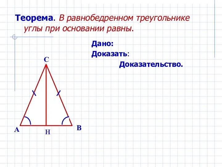 Теорема. В равнобедренном треугольнике углы при основании равны. Дано: Доказать: Доказательство. B A C н