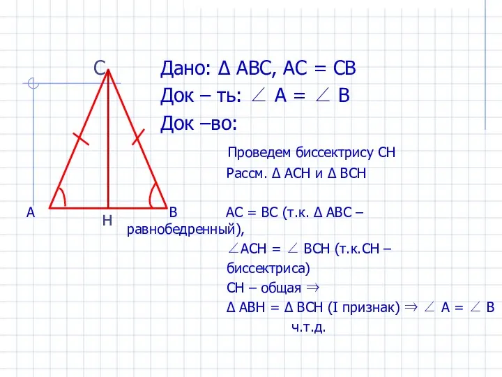 С Дано: ∆ АВС, АС = СВ Док – ть: