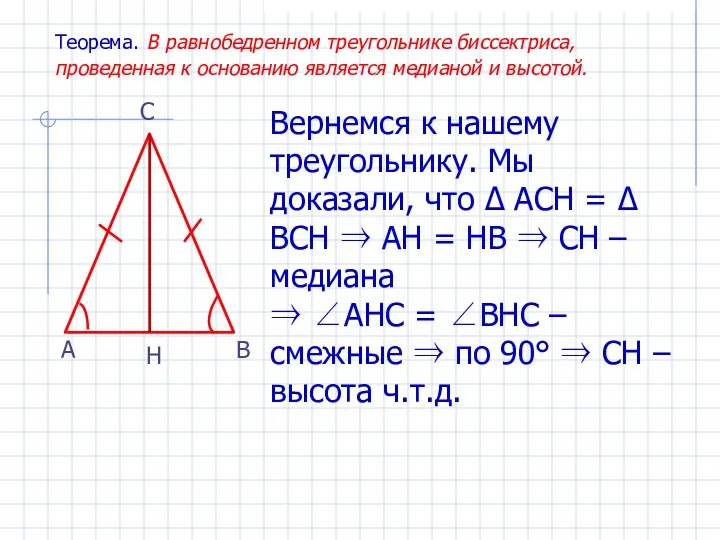 Теорема. В равнобедренном треугольнике биссектриса, проведенная к основанию является медианой