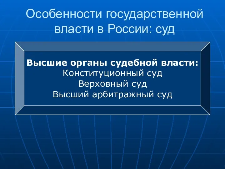 Особенности государственной власти в России: суд Высшие органы судебной власти: