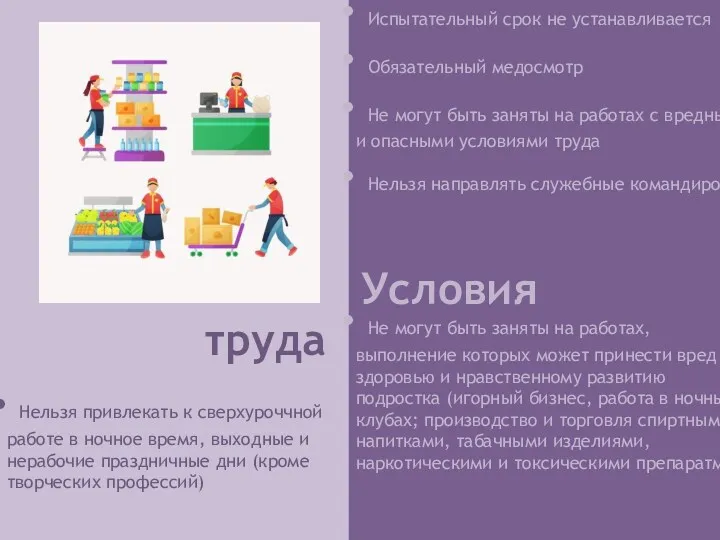 Условия труда Испытательный срок не устанавливается Обязательный медосмотр Не могут