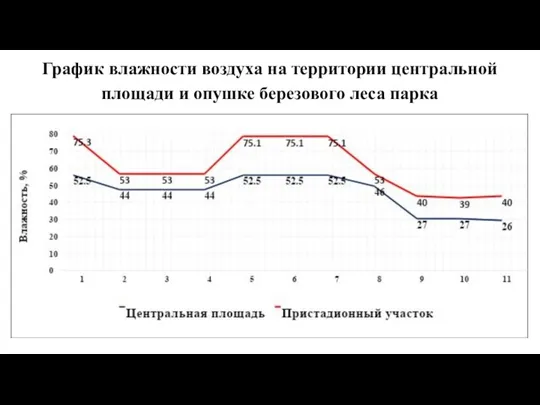 График влажности воздуха на территории центральной площади и опушке березового леса парка