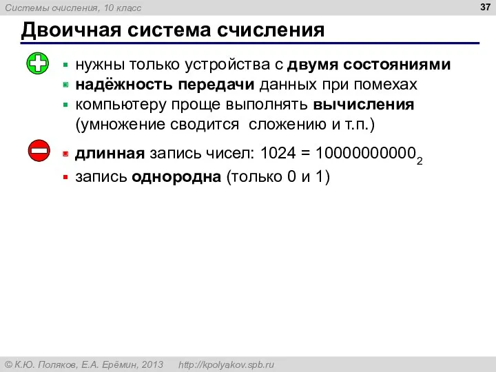 Двоичная система счисления длинная запись чисел: 1024 = 100000000002 запись