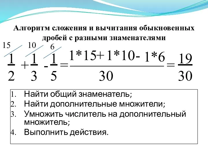 Алгоритм сложения и вычитания обыкновенных дробей с разными знаменателями Найти