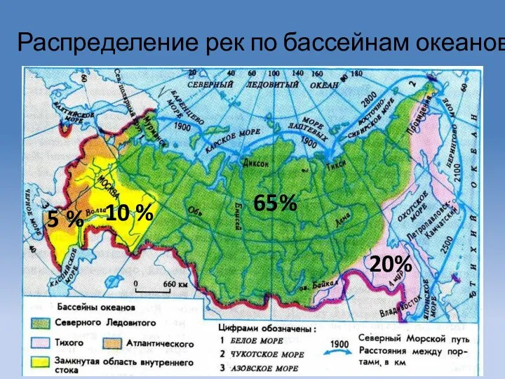 5 % Распределение рек по бассейнам океанов 10 % 65% 20%