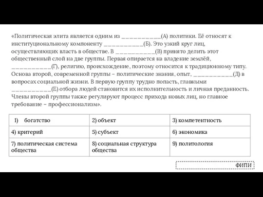 «Политическая элита является одним из __________(А) политики. Её относят к