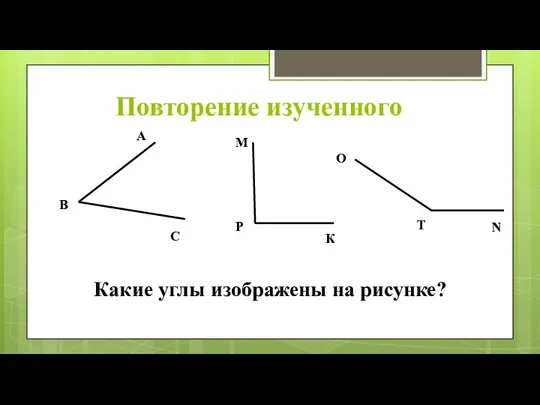 Повторение изученного А В С М К Р N Т О Какие углы изображены на рисунке?