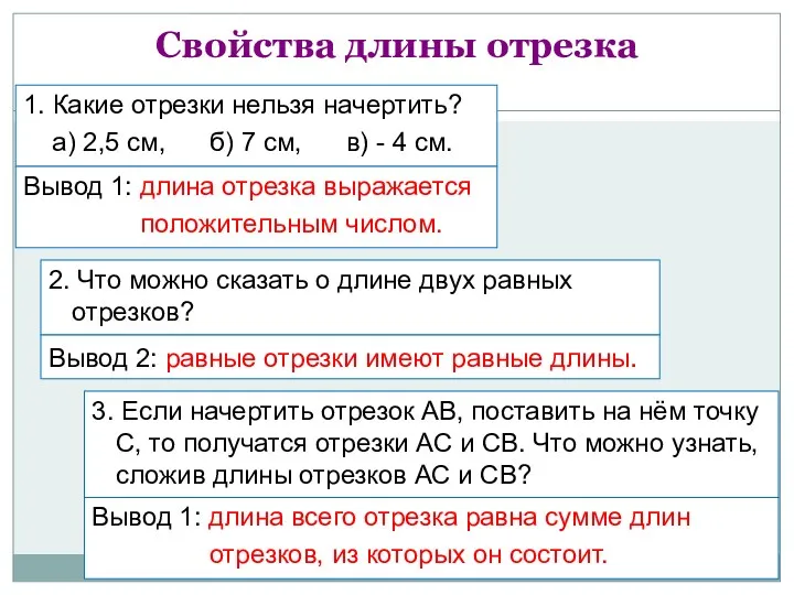 Свойства длины отрезка 1. Какие отрезки нельзя начертить? а) 2,5