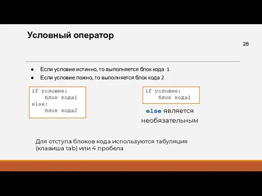 Условный оператор Если условие истинно, то выполняется блок кода 1 Если условие ложно,