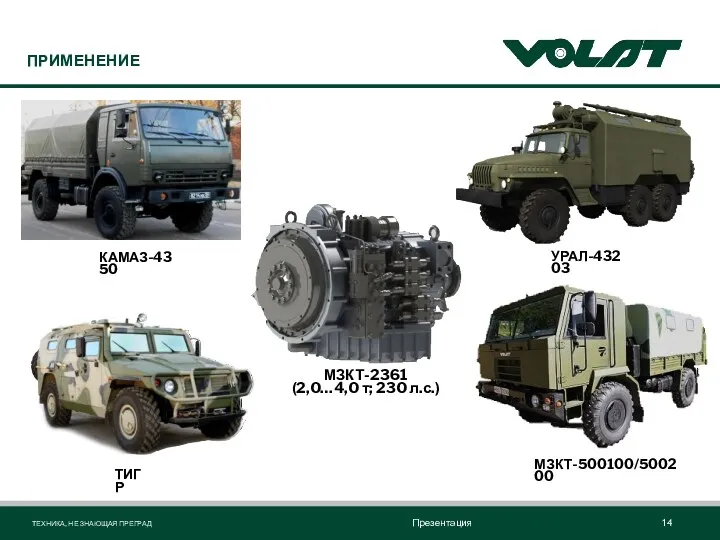 ПРИМЕНЕНИЕ МЗКТ-500100/500200 МЗКТ-2361 (2,0…4,0 т; 230 л.с.) КАМАЗ-4350 УРАЛ-43203