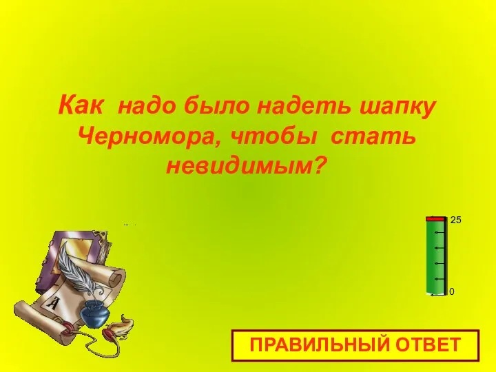 Как надо было надеть шапку Черномора, чтобы стать невидимым? ПРАВИЛЬНЫЙ ОТВЕТ 0 25