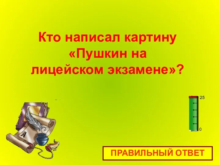 Кто написал картину «Пушкин на лицейском экзамене»? ПРАВИЛЬНЫЙ ОТВЕТ 0 25