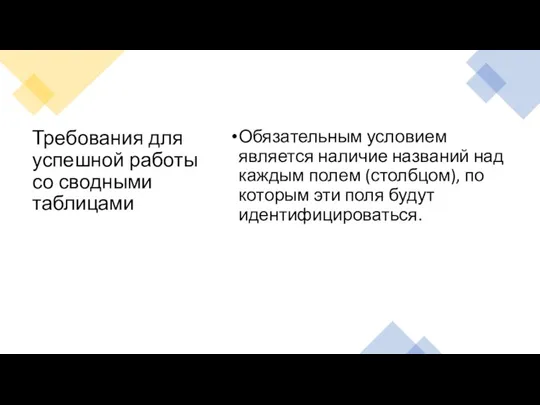 Требования для успешной работы со сводными таблицами Обязательным условием является наличие названий над