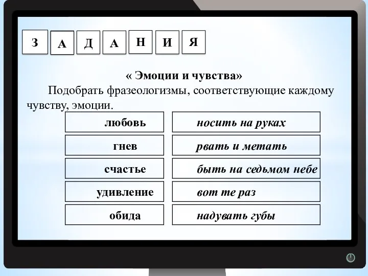 Г « Эмоции и чувства» Подобрать фразеологизмы, соответствующие каждому чувству, эмоции.