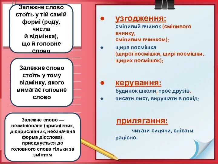 узгодження: сміливий вчинок (сміливого вчинку, сміливим вчинком); щира посмішка (щирої