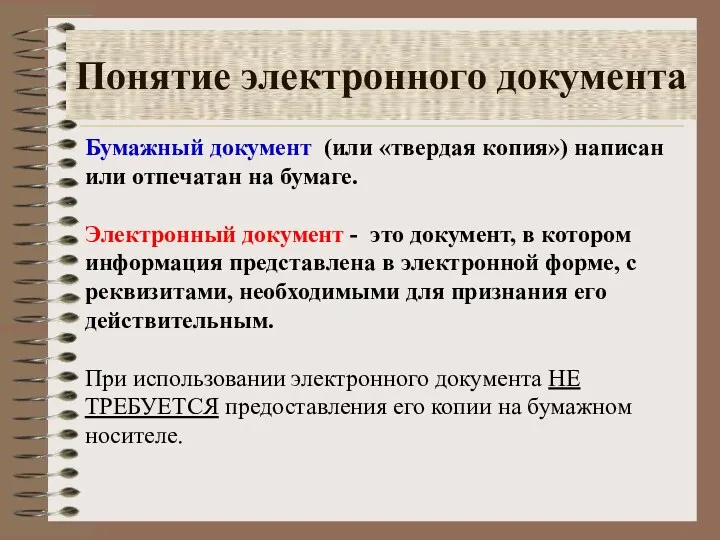 Понятие электронного документа Бумажный документ (или «твердая копия») написан или