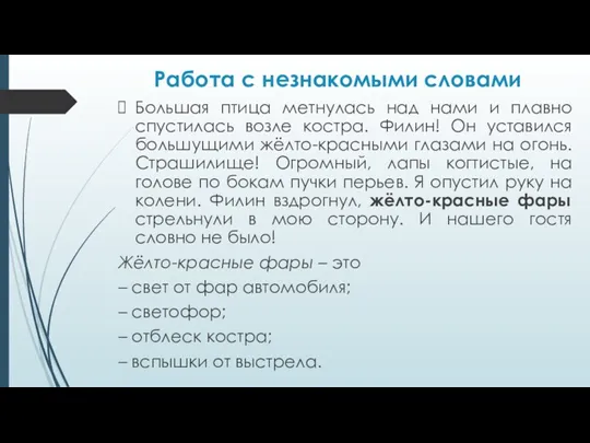 Работа с незнакомыми словами Большая птица метнулась над нами и