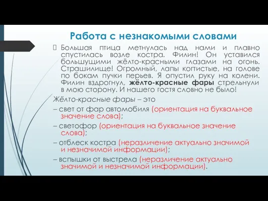 Работа с незнакомыми словами Большая птица метнулась над нами и