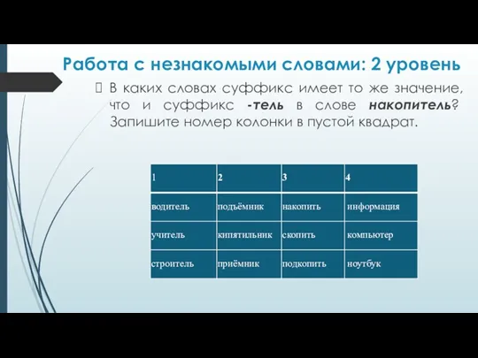 Работа с незнакомыми словами: 2 уровень В каких словах суффикс