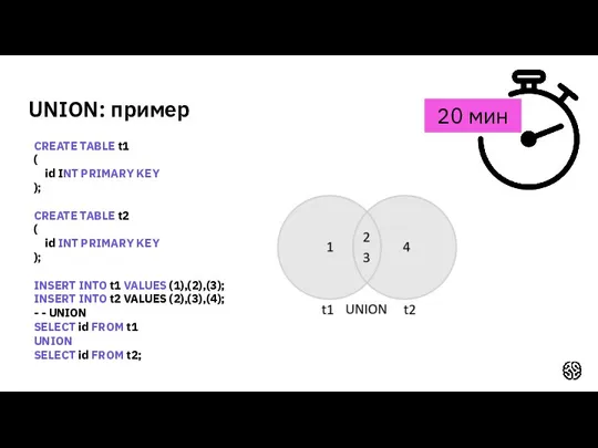 UNION: пример 20 мин CREATE TABLE t1 ( id INT PRIMARY KEY );