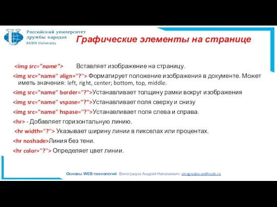 Графические элементы на странице Вставляет изображение на страницу. Форматирует положение