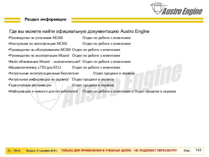 Раздел информации Где вы можете найти официальную документацию Austro Engine