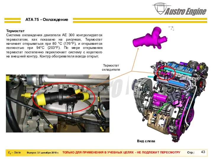 Термостат Система охлаждения двигателя AE 300 контролируется термостатом, как показано