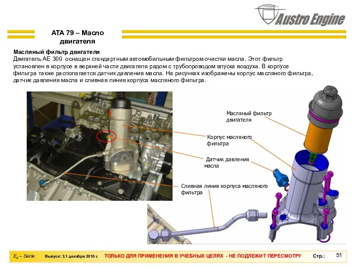 Масляный фильтр двигателя Двигатель AE 300 оснащен стандартным автомобильным фильтром