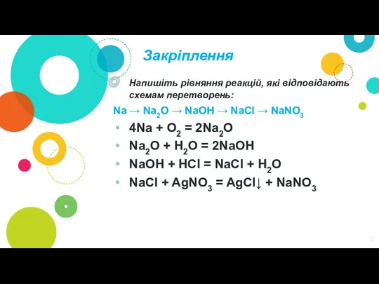 Закріплення Напишіть рівняння реакцій, які відповідають схемам перетворень: Na →