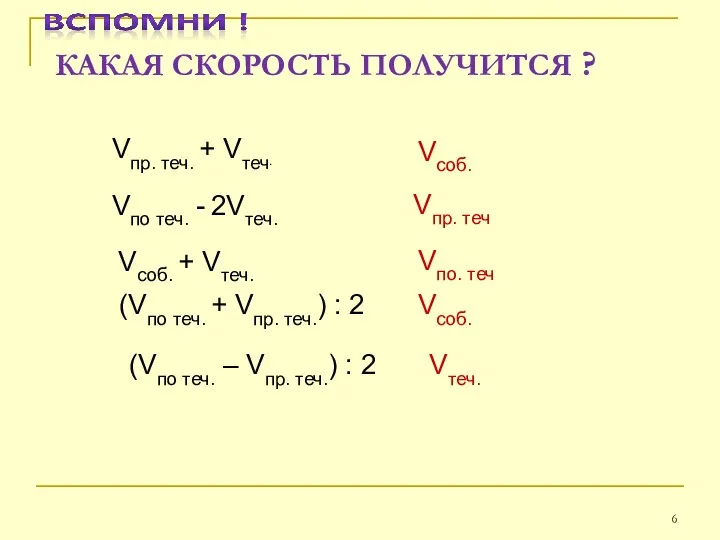 КАКАЯ СКОРОСТЬ ПОЛУЧИТСЯ ? Vпр. теч. + Vтеч. Vпо теч.