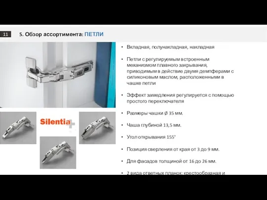 5. Обзор ассортимента: ПЕТЛИ 11 Вкладная, полунакладная, накладная Петли с