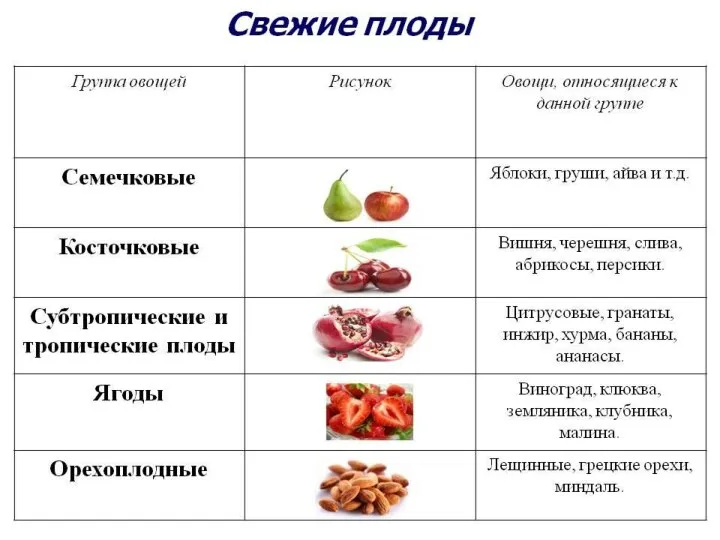 Свежие плоды. Семечковые плоды (яблоки, груши, айва, рябина, мушмула) Косточковые