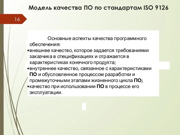 Модель качества ПО по стандартам ISO 9126 Основные аспекты качества