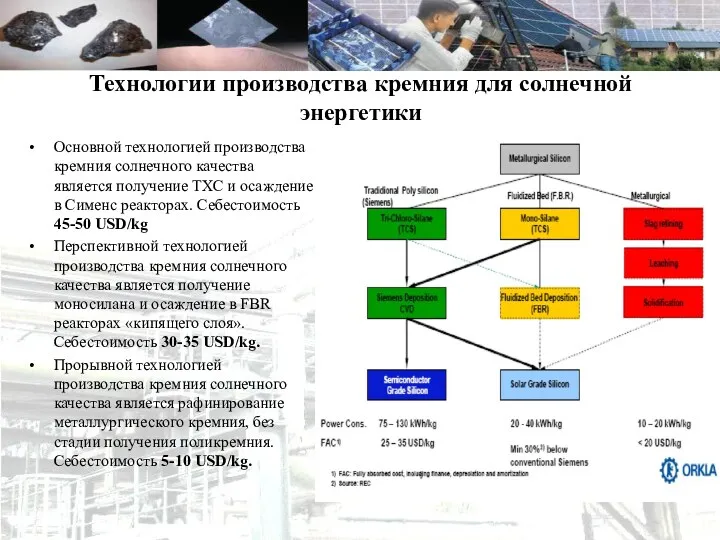 Технологии производства кремния для солнечной энергетики Основной технологией производства кремния