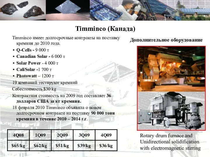 Timminco (Канада) Timminco имеет долгосрочные контракты на поставку кремния до