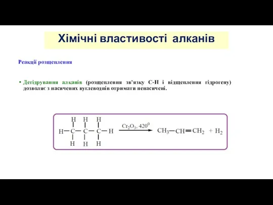 Реакції розщеплення Дегідрування алканів (розщеплення зв’язку С-Н і відщеплення гідрогену)