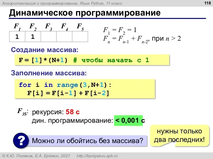 Динамическое программирование Создание массива: F = [1]*(N+1) # чтобы начать