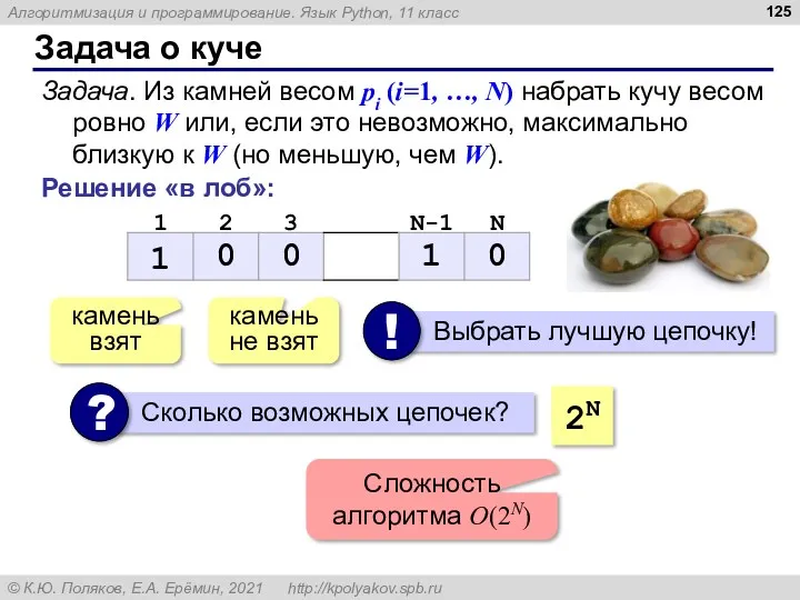 Задача о куче Задача. Из камней весом pi (i=1, …,