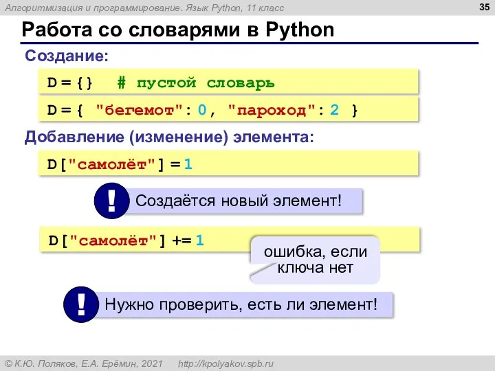 Работа со словарями в Python D = {} # пустой