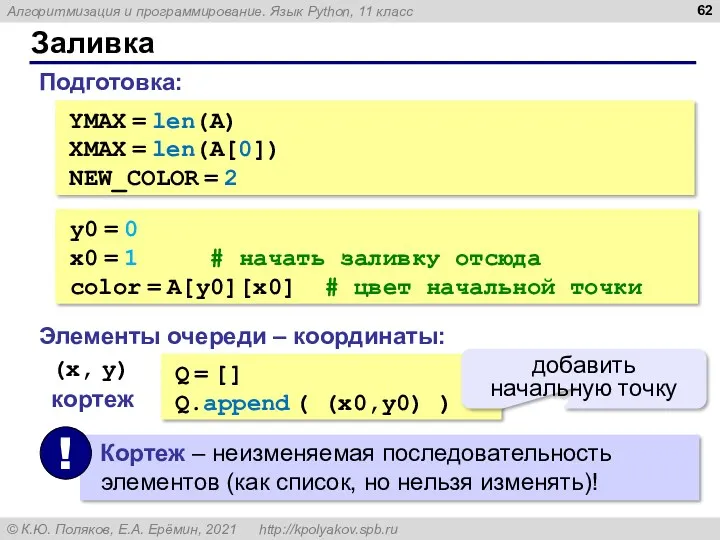 Заливка YMAX = len(A) XMAX = len(A[0]) NEW_COLOR = 2