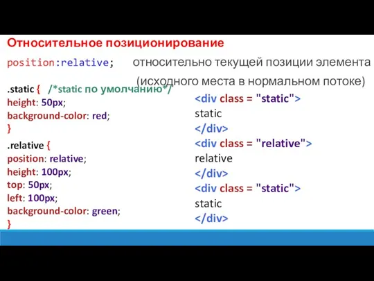 Относительное позиционирование position:relative; относительно текущей позиции элемента (исходного места в