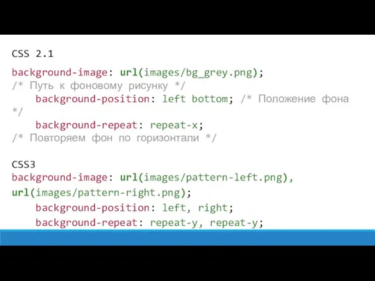 CSS 2.1 background-image: url(images/bg_grey.png); /* Путь к фоновому рисунку */
