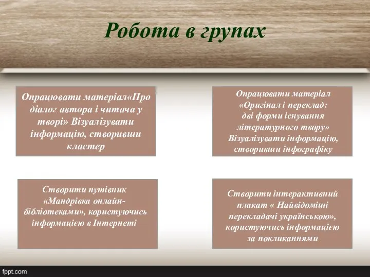 Робота в групах Опрацювати матеріал«Про діалог автора і читача у