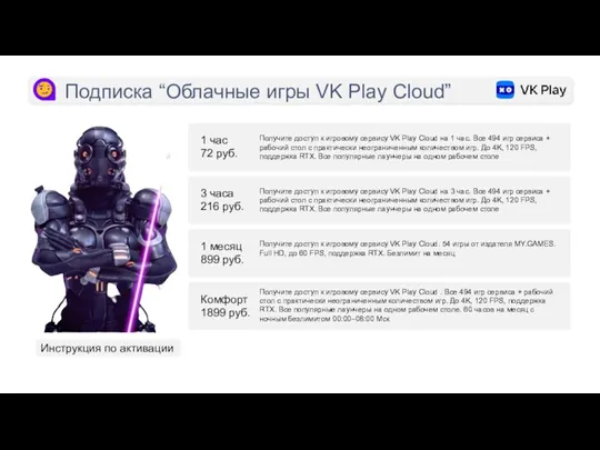 Подписка “Облачные игры VK Play Cloud” 1 час 72 руб.