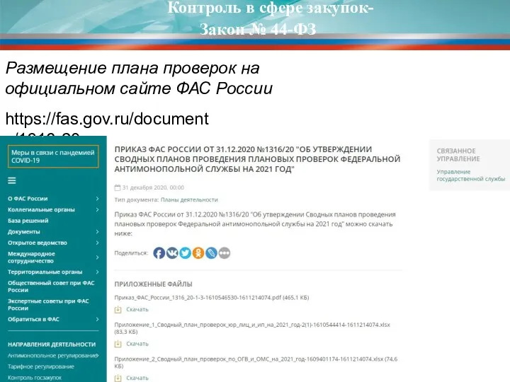 https://fas.gov.ru/documents/1316-20 Размещение плана проверок на официальном сайте ФАС России Контроль в сфере закупок-Закон № 44-ФЗ