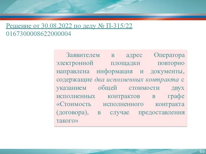 Решение от 30.08.2022 по делу № П-315/22 0167300008622000004 Заявителем в