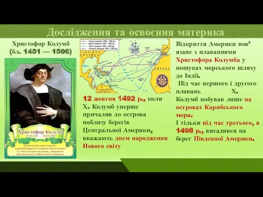 Дослідження та освоєння материка Відкриття Америки пов’язане з плаваннями Христофора Колумба у пошуках