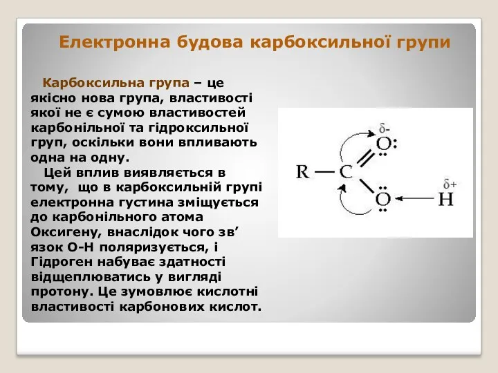 Електронна будова карбоксильної групи Карбоксильна група – це якісно нова