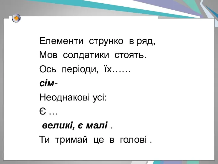 Елементи струнко в ряд, Мов солдатики стоять. Ось періоди, їх……